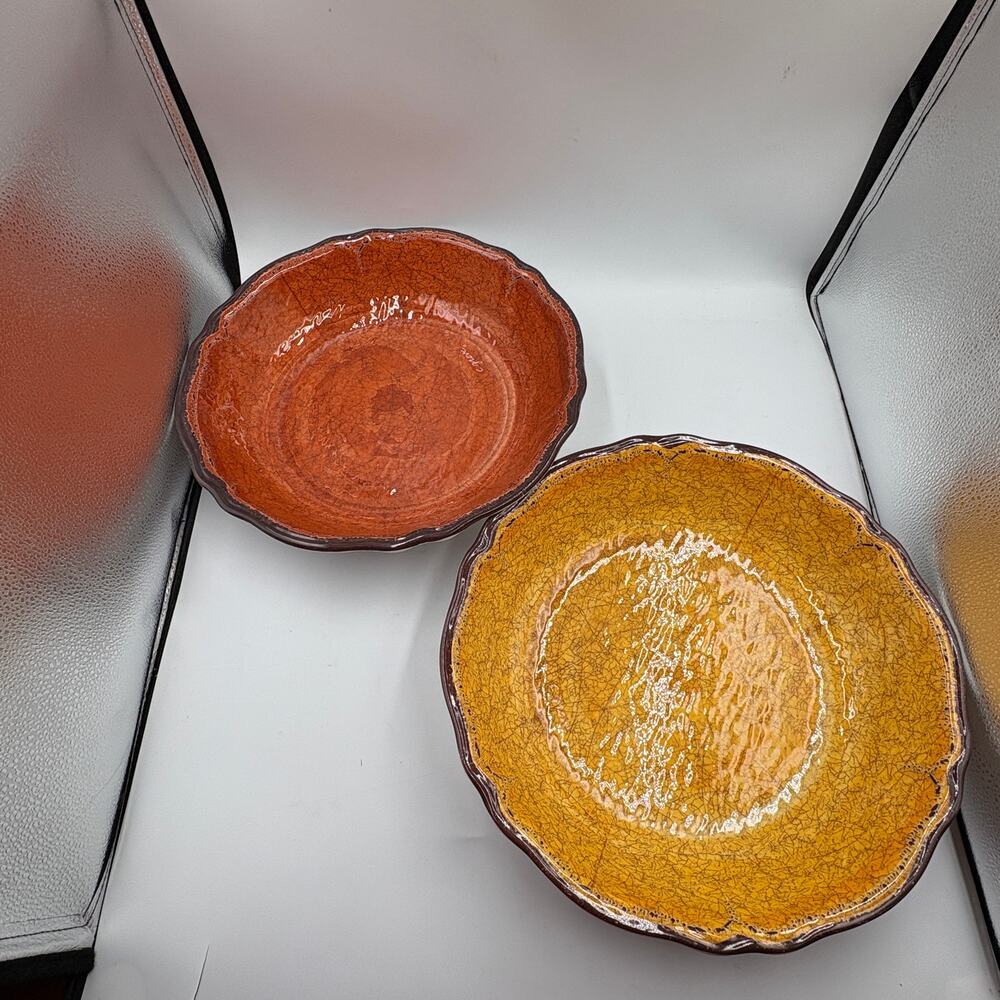 Citrus Grove Melamine 13" Serving Bowls Orange Yellow Crackle Scalloped Set 2